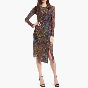 Leith Mesh Floral Print Long Sleeve Dress